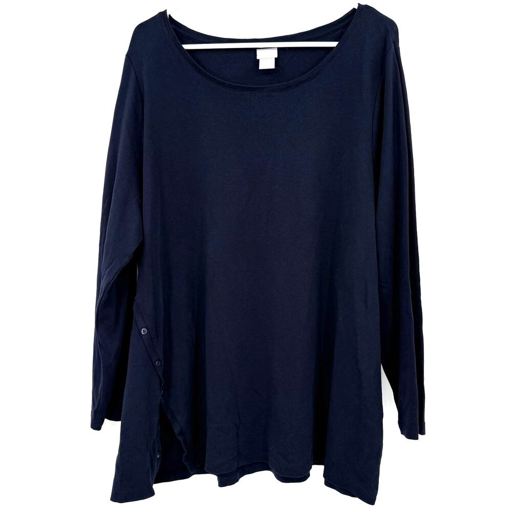 Chico's Size 4 XXL Pullover Sweater Dark Blue Button Detail Hem Pima Cotton